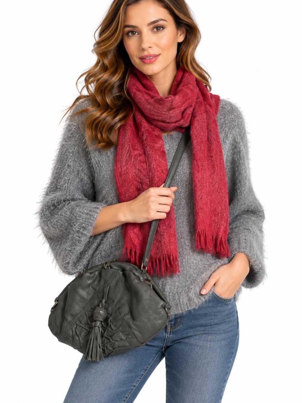 Matty M Gray Fuzzy Sweater Scarf & Gray Handbag 3-Piece Set Size L